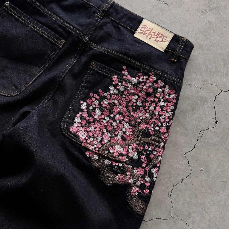 Wide leg Harajuku vintage plum blossom jeans