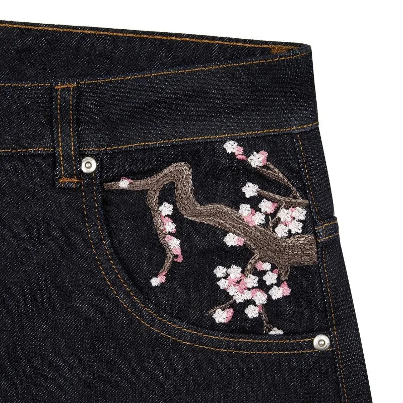 Wide leg Harajuku vintage plum blossom jeans