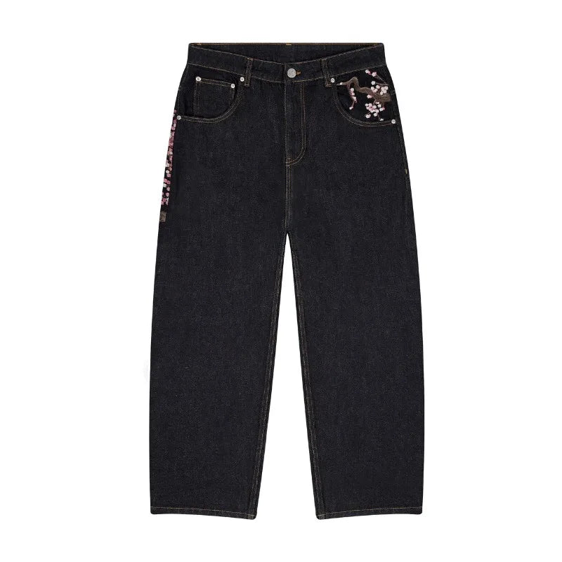 Wide leg Harajuku vintage plum blossom jeans