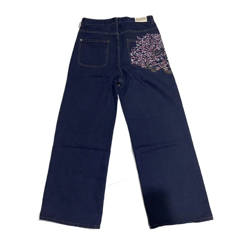 Wide leg Harajuku vintage plum blossom jeans