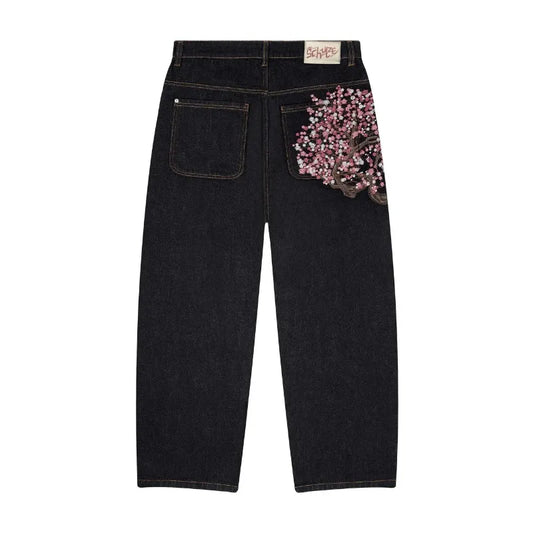 Wide leg Harajuku vintage plum blossom jeans