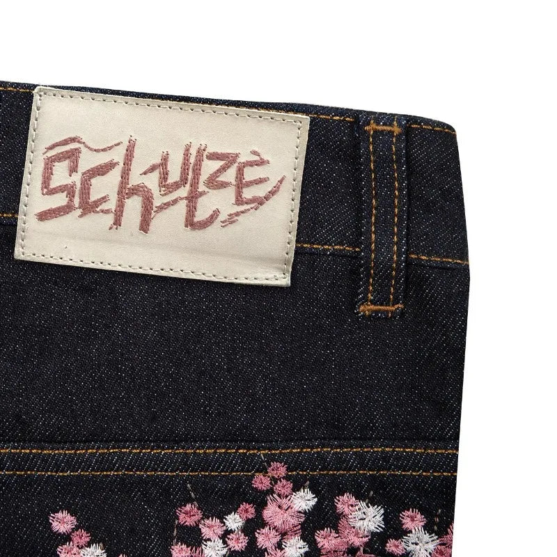 Wide leg Harajuku vintage plum blossom jeans